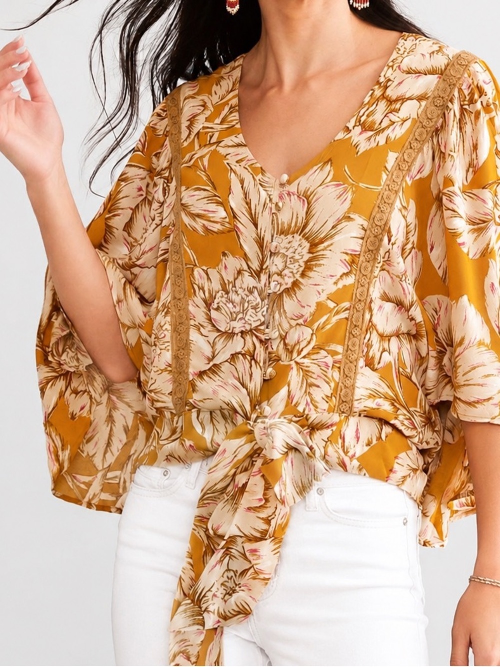 Floral Tie-Front V-Neck Blouse in Mustard